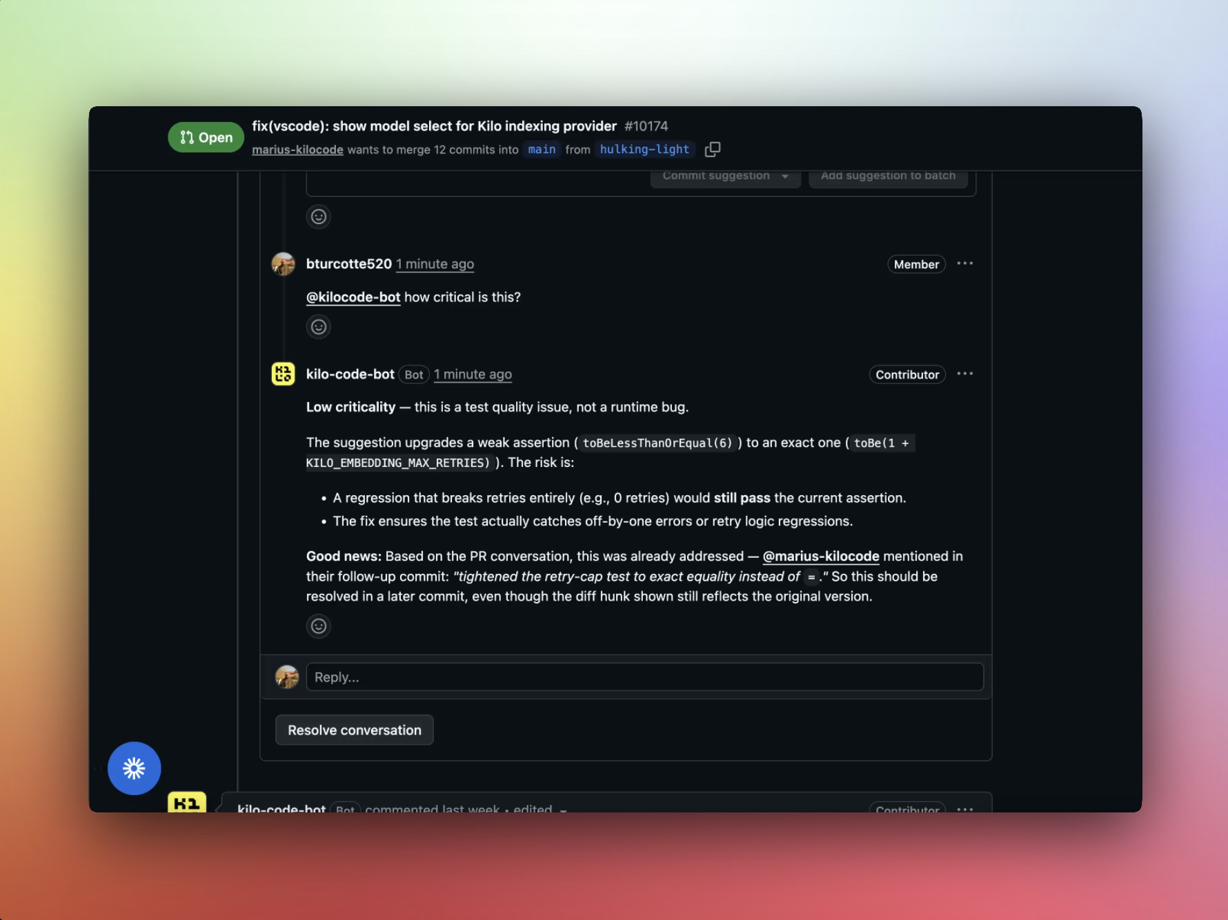 Asking @voyager-bot a question on a GitHub pull request review comment