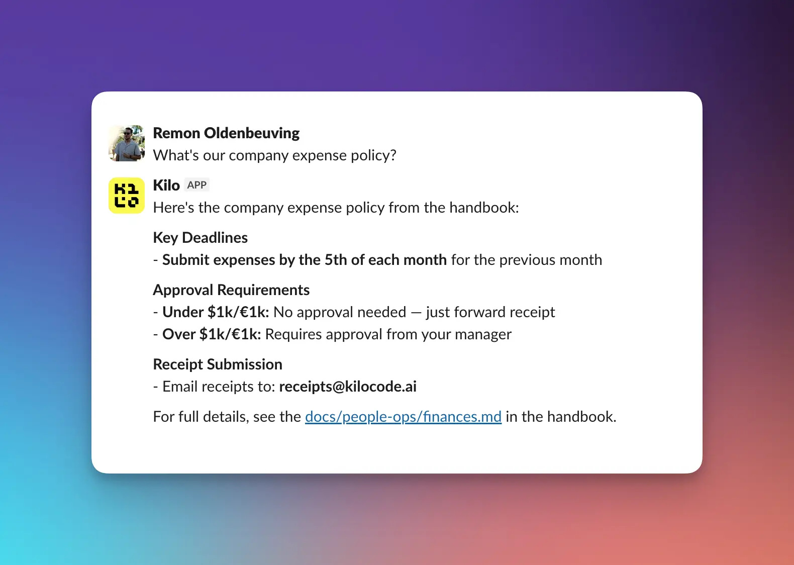 Asking Voyager a question about the codebase in Slack