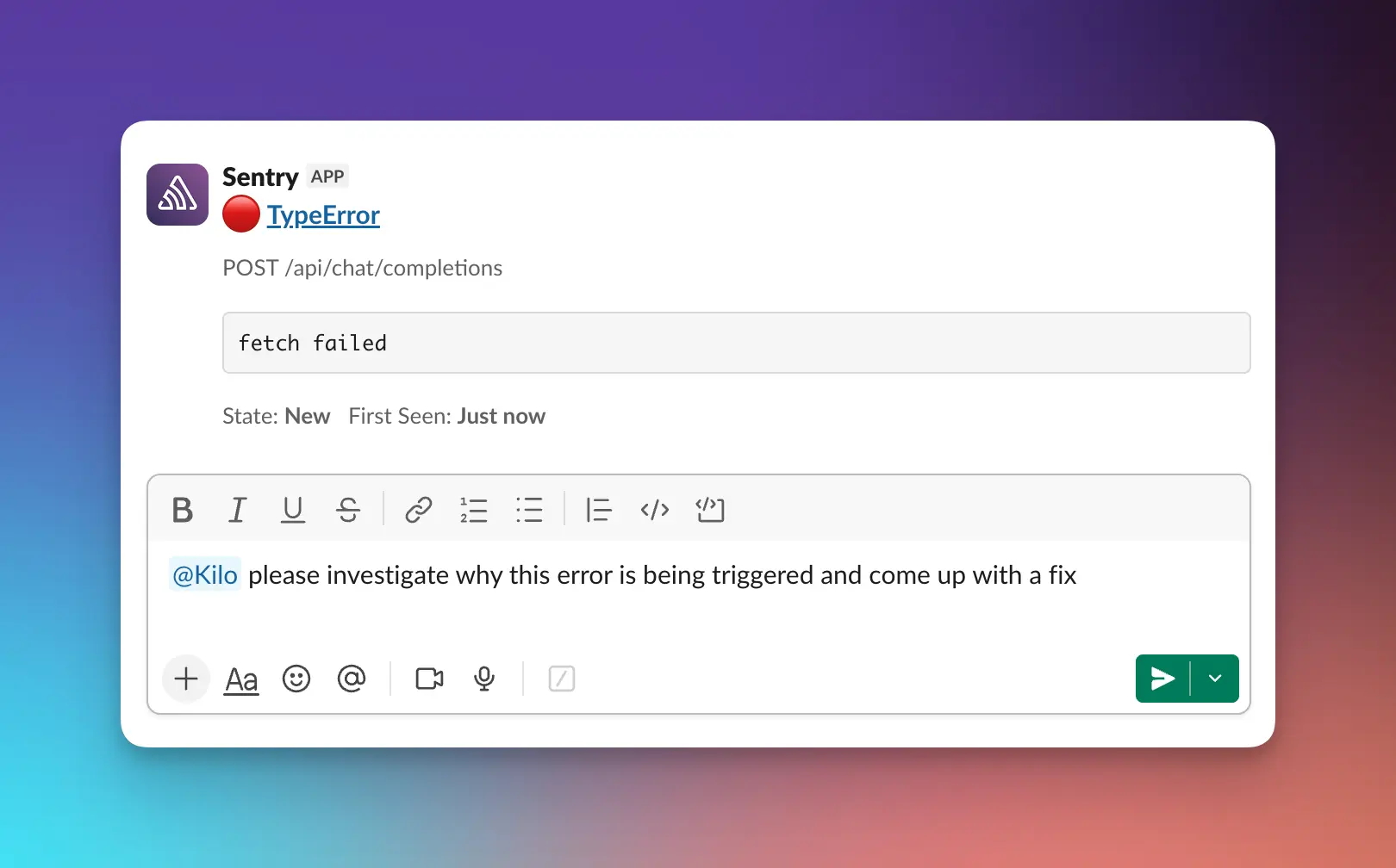 Voyager helping debug a production error in Slack