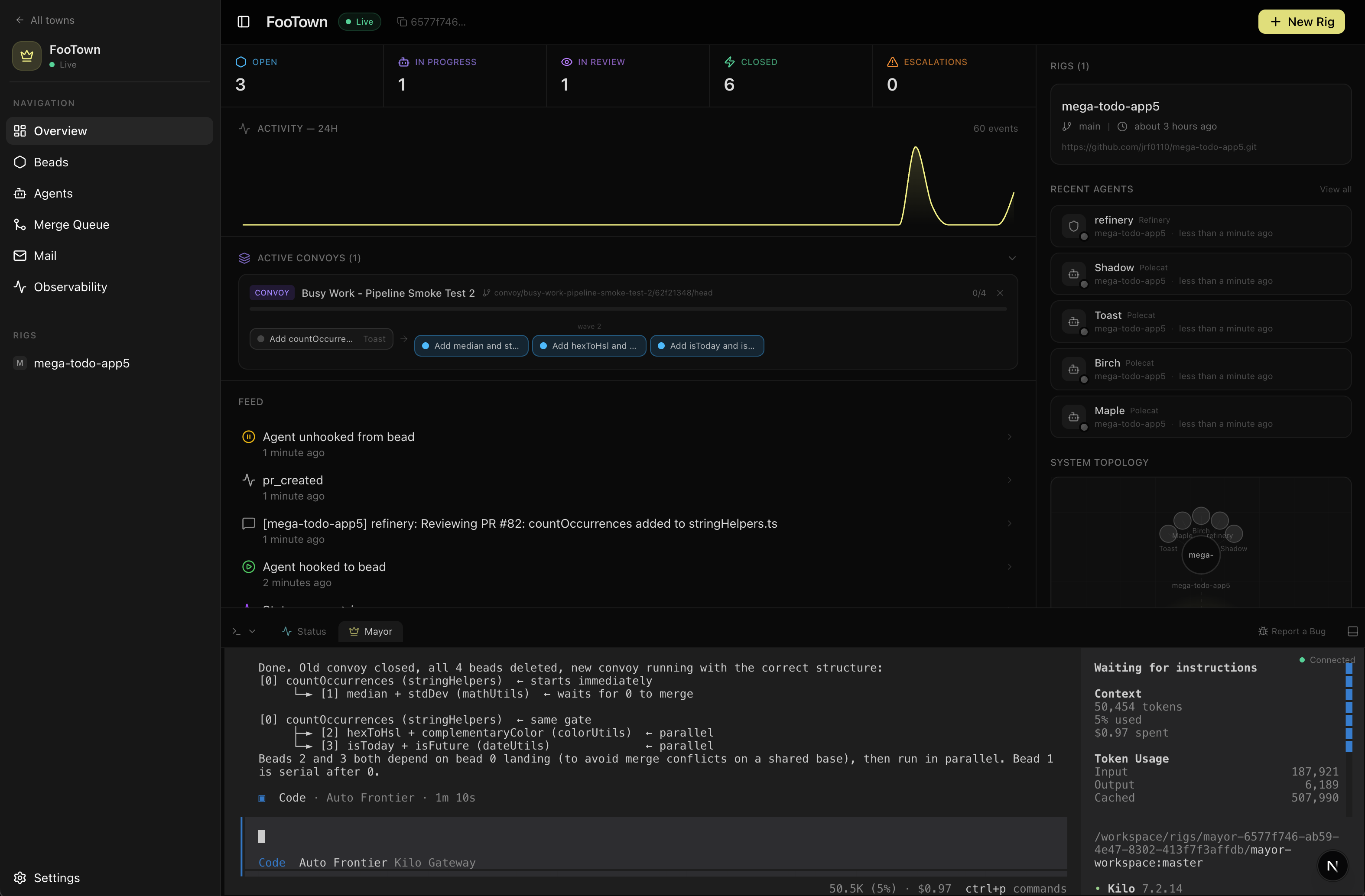 Gas Town overview showing active work and Mayor chat