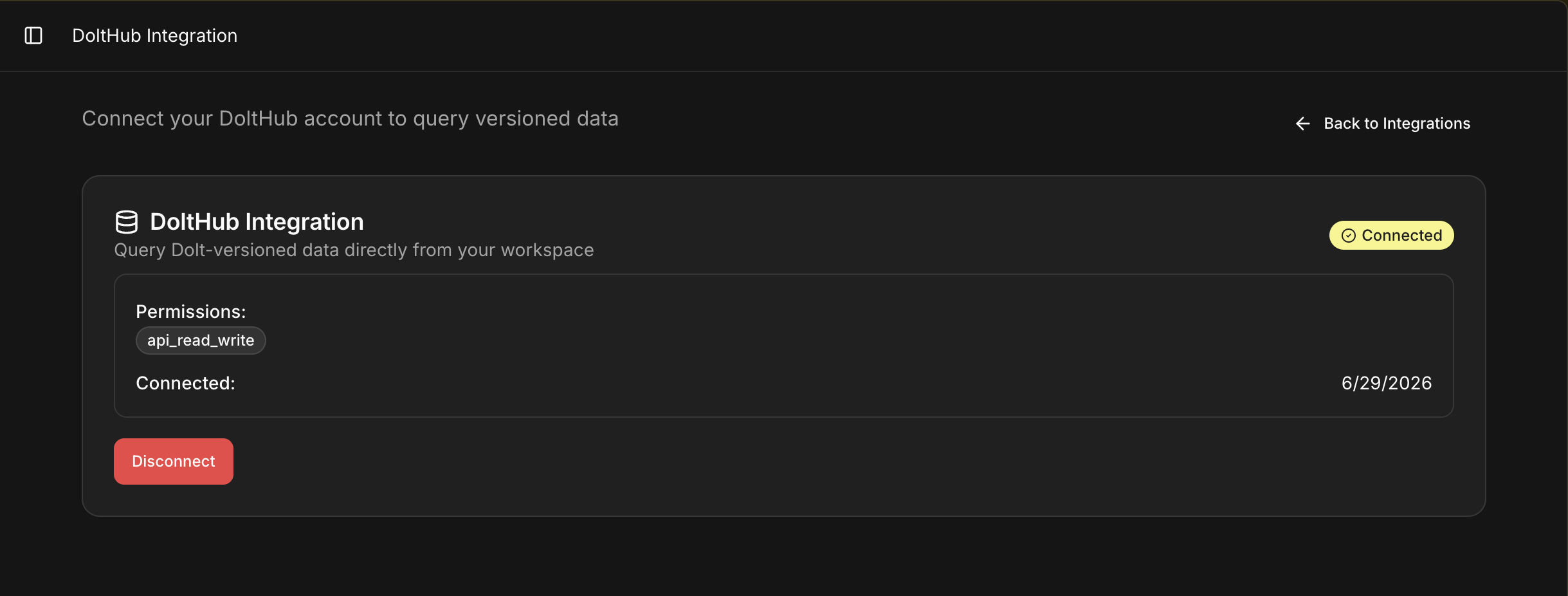 Connected DoltHub integration page showing api_read_write permission