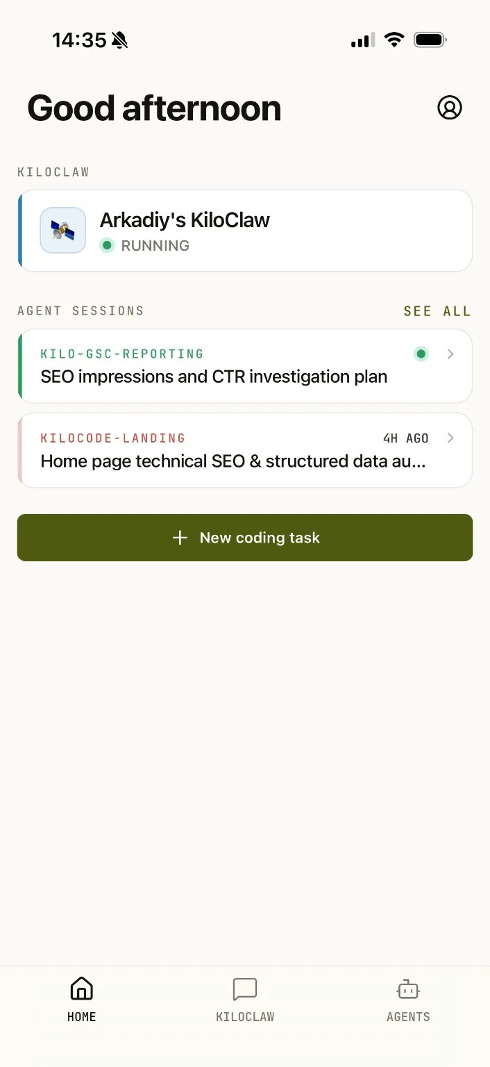 Voyager Code mobile home screen showing VoyagerClaw and active agent sessions