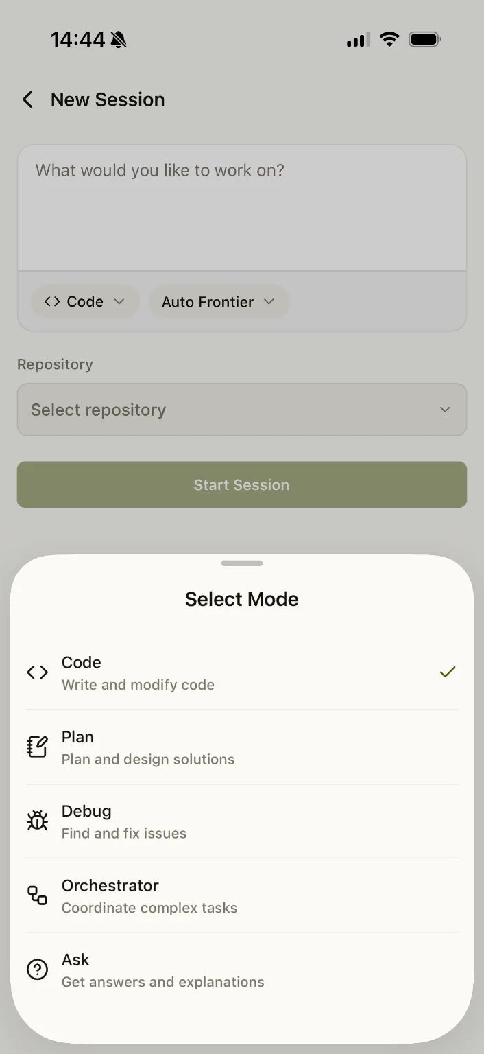 Voyager Code mobile new session screen with coding mode selector