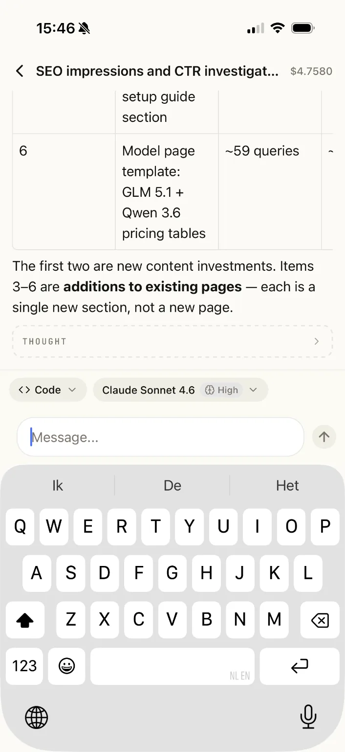 Voyager Code mobile session chat with an active coding task