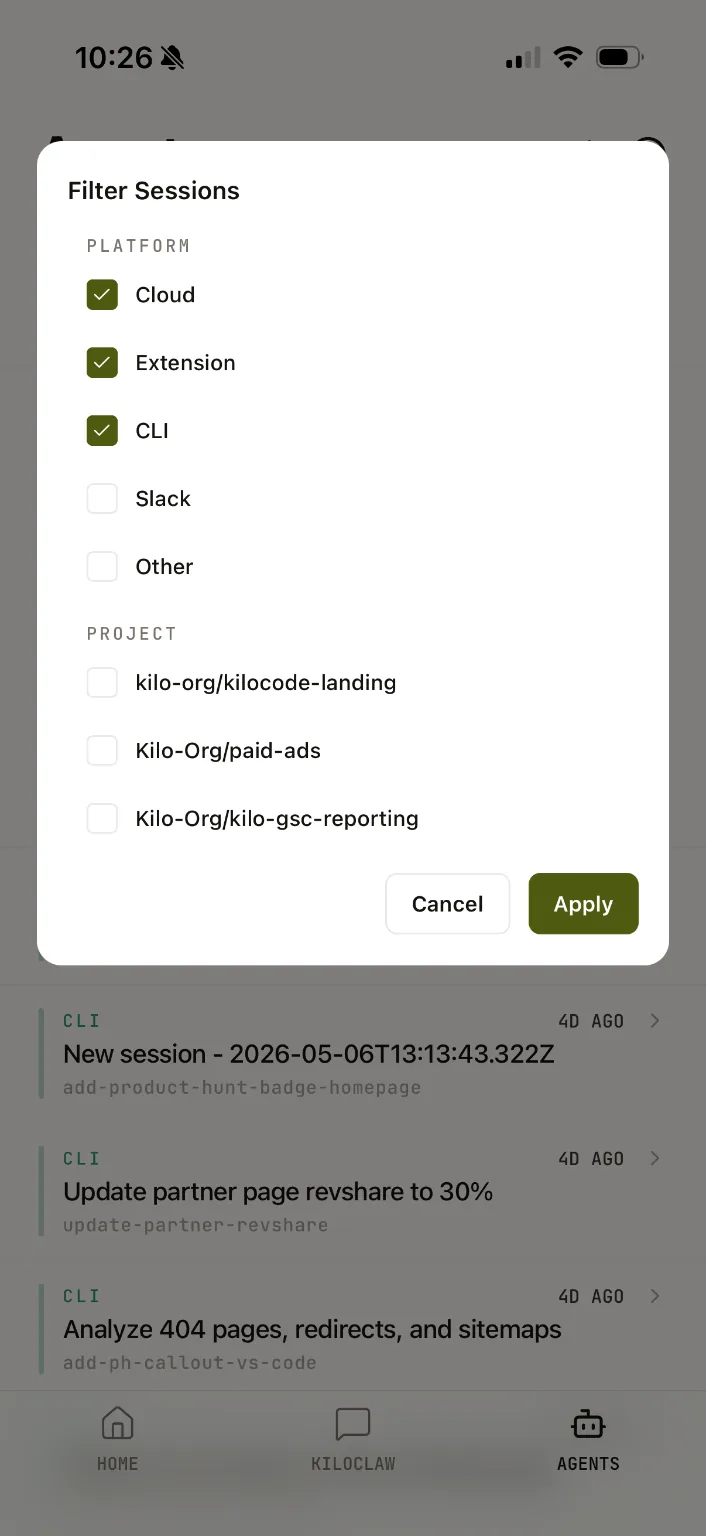 Voyager Code mobile session filter panel for Cloud Extension CLI Slack and other platforms