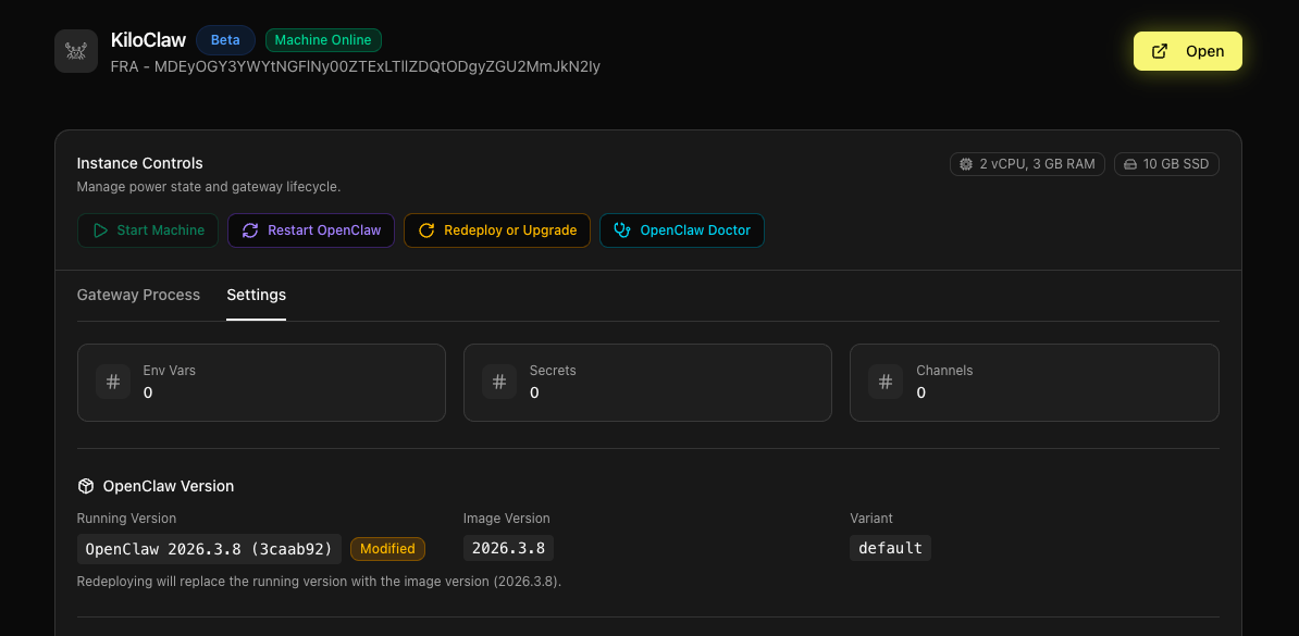 Instance dashboard with controls and status
