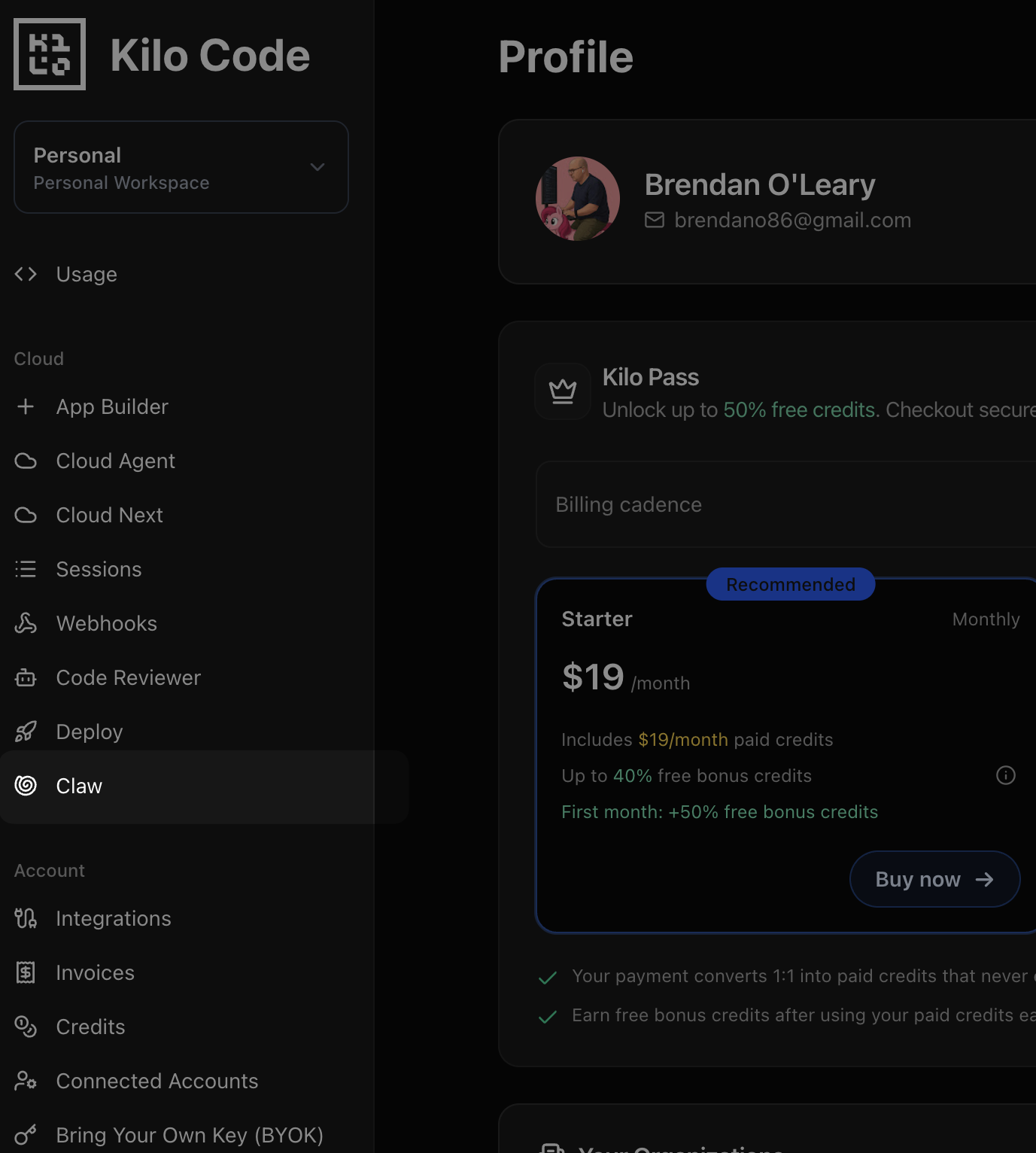 Profile page showing Claw navigation